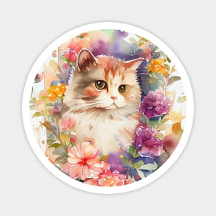 Kitten with flowers. Watercolor Art of Cat Magnet